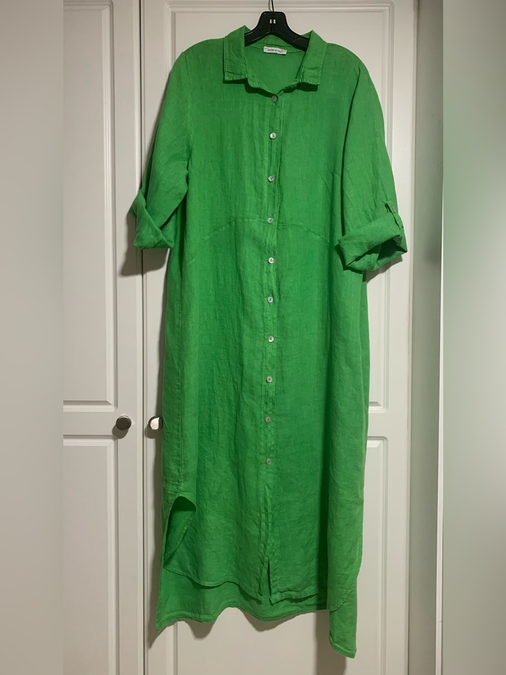 Linen Button-Front Maxi Shirt Dress - Green